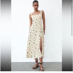 Zara Cream Linen Floral Embroidered Midi Dress sz M